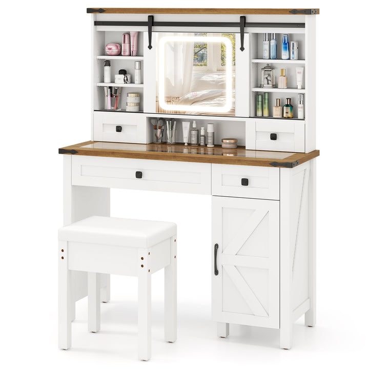 Makeup Vanity Desk and Stool Set with Sliding Mirror and Cabinet-White - TidySpaces
