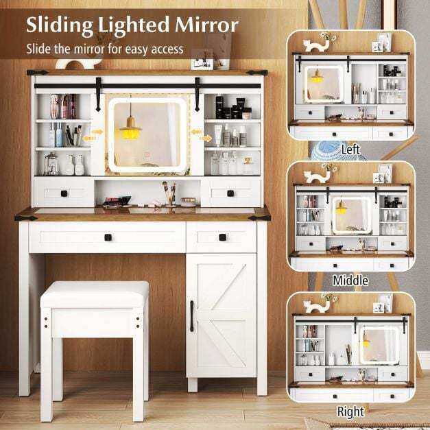 Makeup Vanity Desk and Stool Set with Sliding Mirror and Cabinet-White