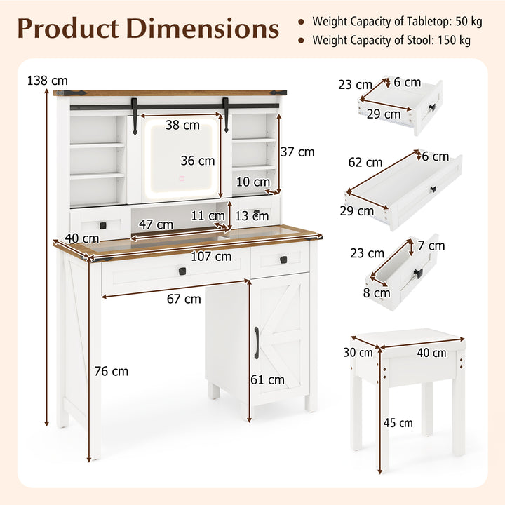 Makeup Vanity Desk and Stool Set with Sliding Mirror and Cabinet-White - TidySpaces