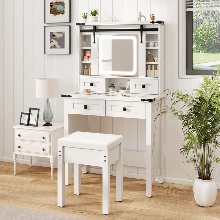Makeup Vanity Desk and Stool Set with Mirror and Lights-White - TidySpaces