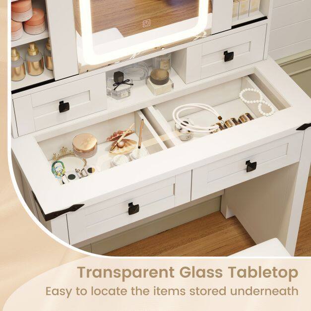 Makeup Vanity Desk and Stool Set with Mirror and Lights-White