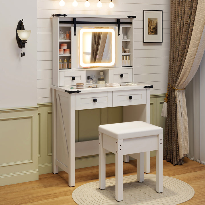 Makeup Vanity Desk and Stool Set with Mirror and Lights-White - TidySpaces
