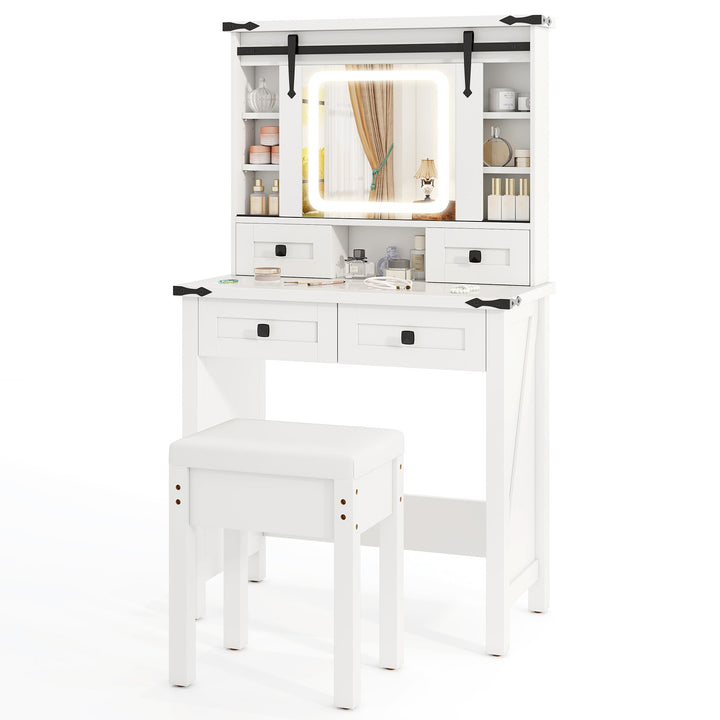 Makeup Vanity Desk and Stool Set with Mirror and Lights-White - TidySpaces