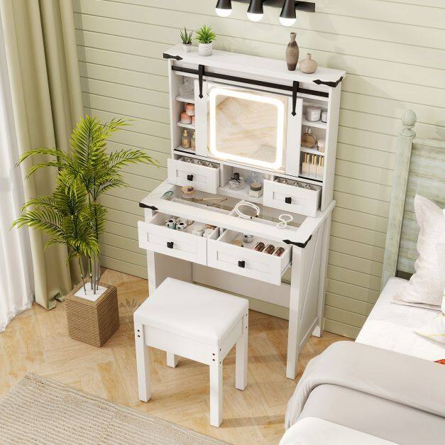 Makeup Vanity Desk and Stool Set with Mirror and Lights-White