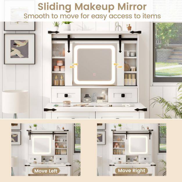 Makeup Vanity Desk and Stool Set with Mirror and Lights-White