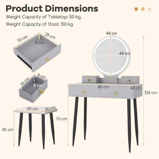 Makeup Vanity Desk with Lighted Mirror for Bedroom-Grey