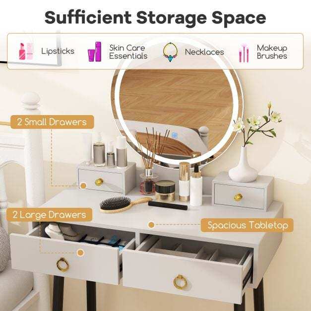 Makeup Vanity Desk with Lighted Mirror for Bedroom-Grey