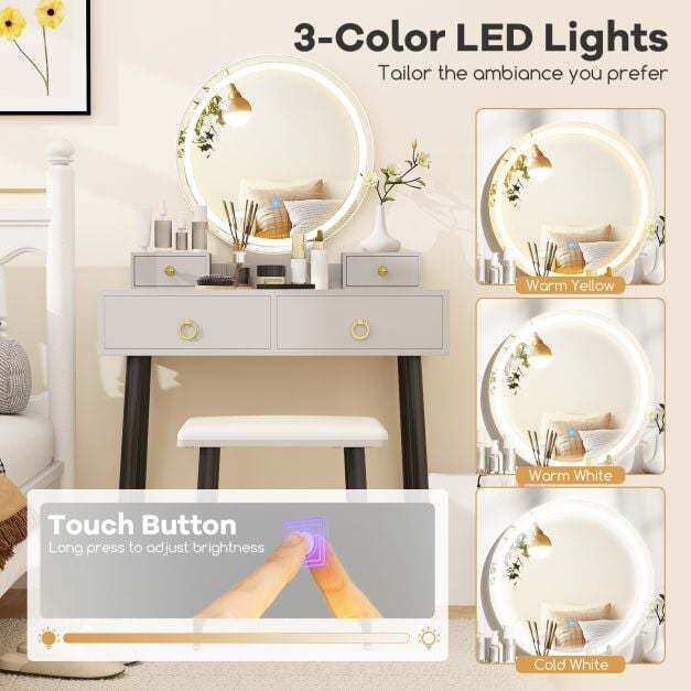 Makeup Vanity Desk with Lighted Mirror for Bedroom-Grey