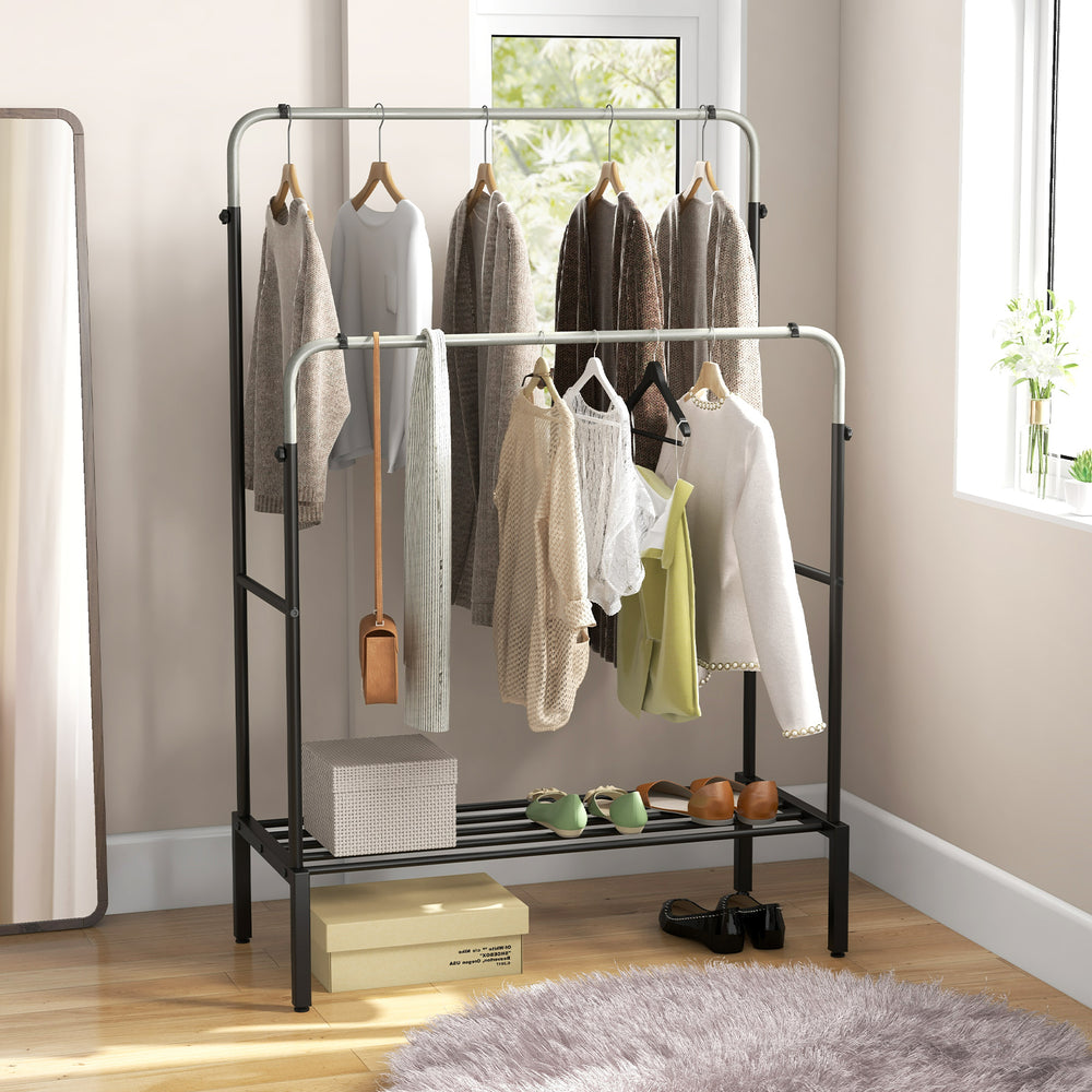 Metal Clothes Stand Rack with 2 Rods and Shoe Shelf - TidySpaces