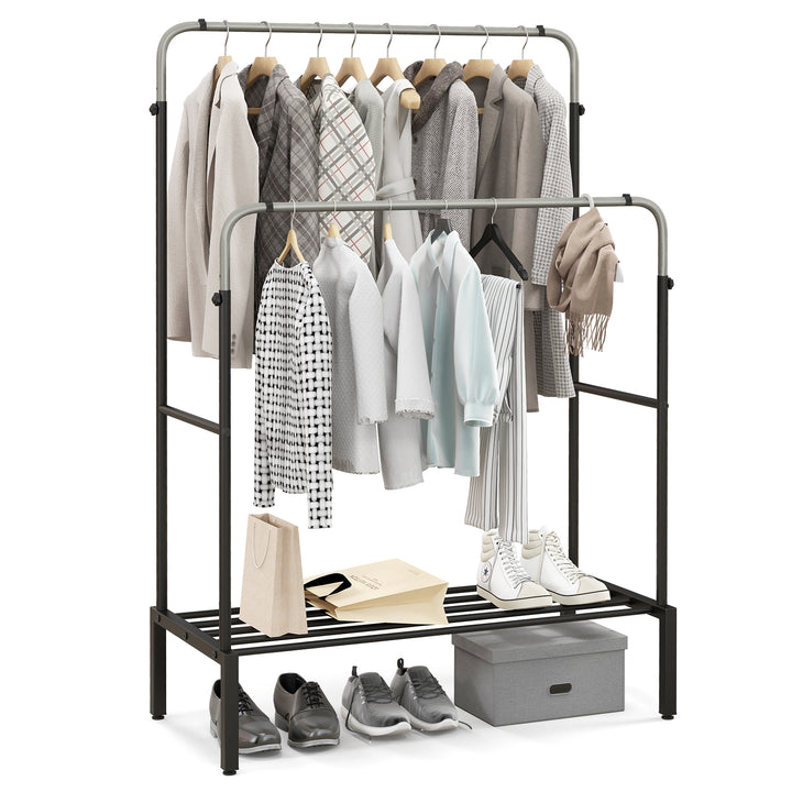 Metal Clothes Stand Rack with 2 Rods and Shoe Shelf - TidySpaces