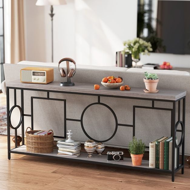 Rustic Accent Narrow 2-Tier Mid-Century Modern Console Table-Rustic Brown - TidySpaces