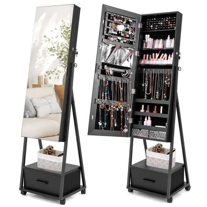 Mobile Standing Lockable Jewellery Cabinet with Full Length Mirror - TidySpaces