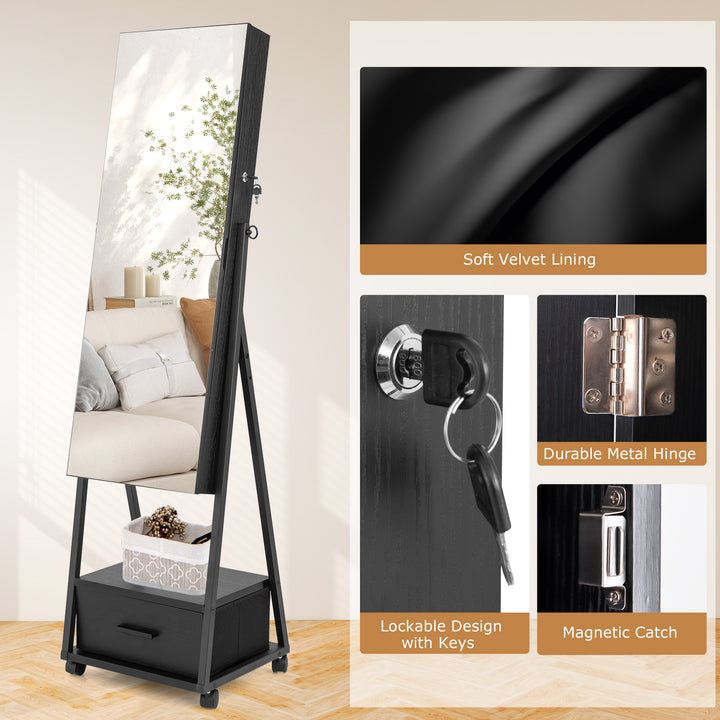 Mobile Standing Lockable Jewellery Cabinet with Full Length Mirror - TidySpaces
