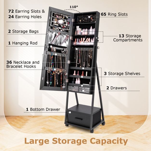 Mobile Standing Lockable Jewellery Cabinet with Full Length Mirror - TidySpaces