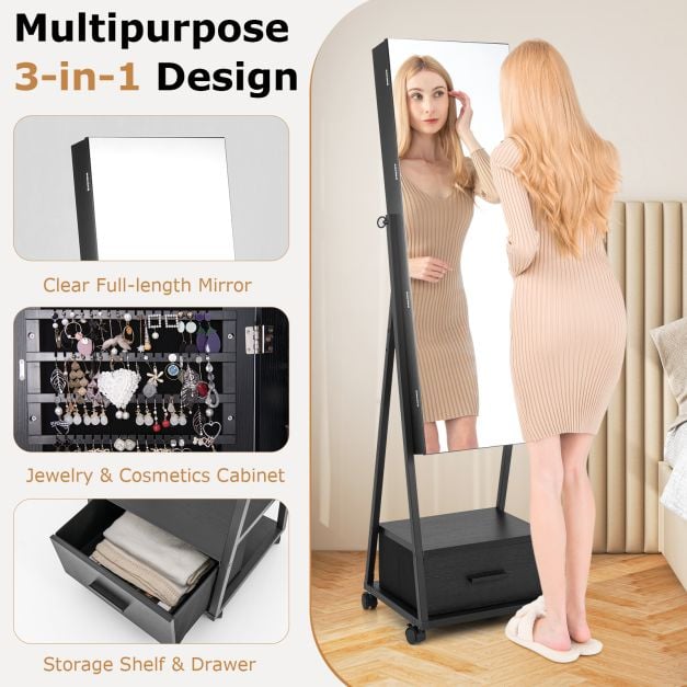 Mobile Standing Lockable Jewellery Cabinet with Full Length Mirror - TidySpaces