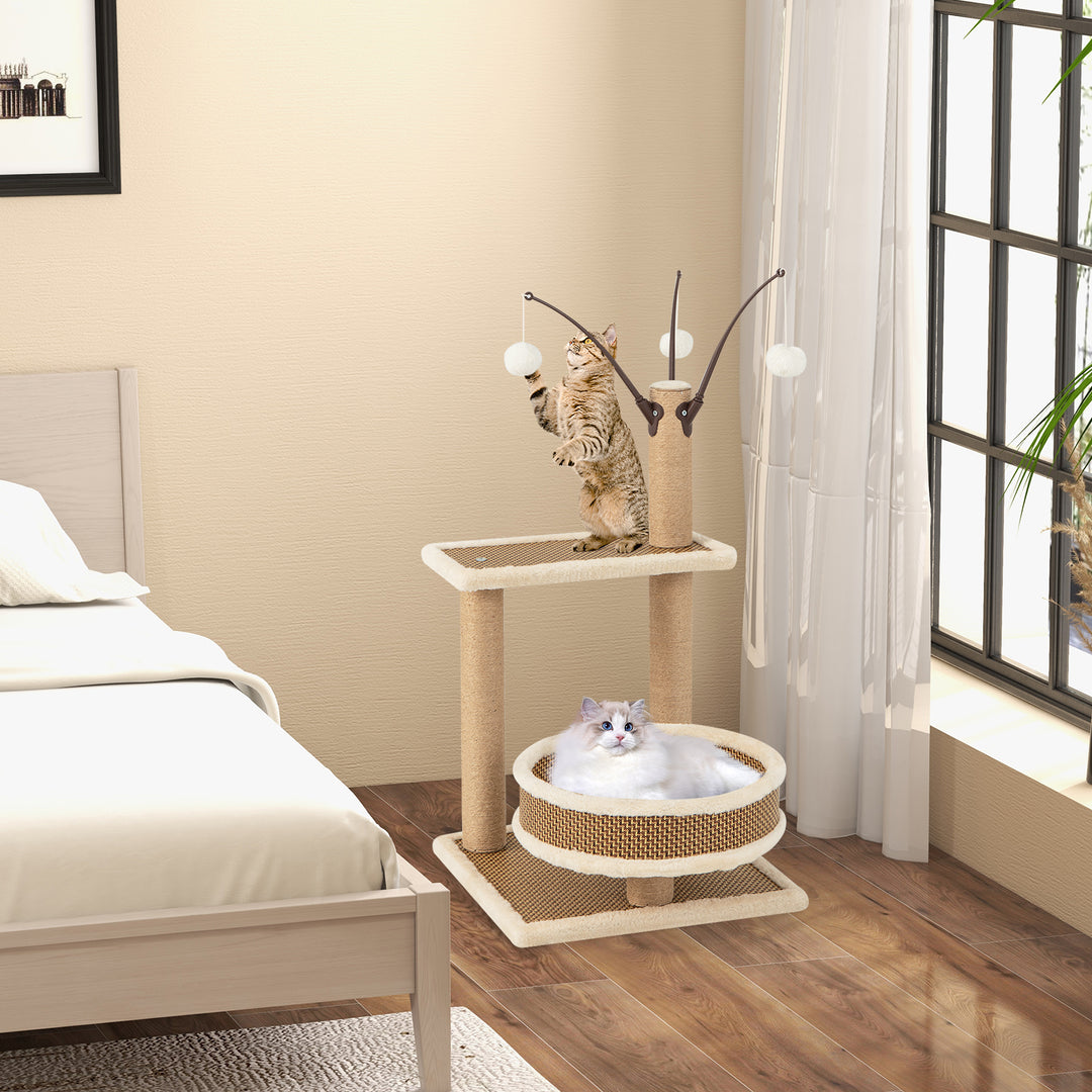 Modern Cat Tower with Rattan Mat and 3 Hanging Ball Toys - TidySpaces