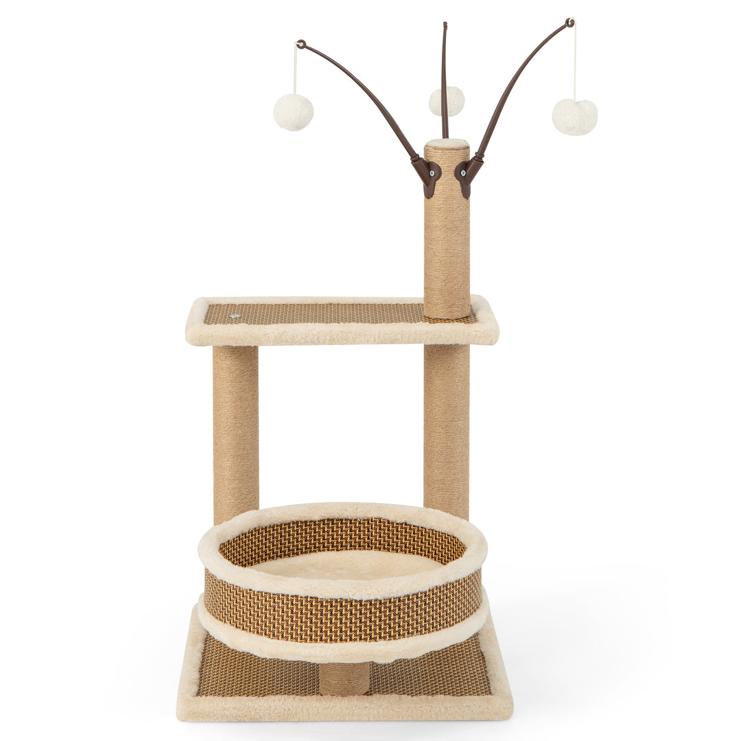 Modern Cat Tower with Rattan Mat and 3 Hanging Ball Toys - TidySpaces