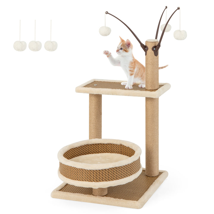 Modern Cat Tower with Rattan Mat and 3 Hanging Ball Toys - TidySpaces