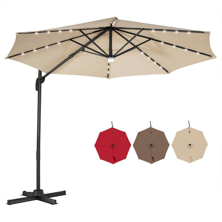 10 Feet Cantilever Solar Umbrella 28LED Lighted Patio Offset Tilt 360° for Outdoor Beige - TidySpaces