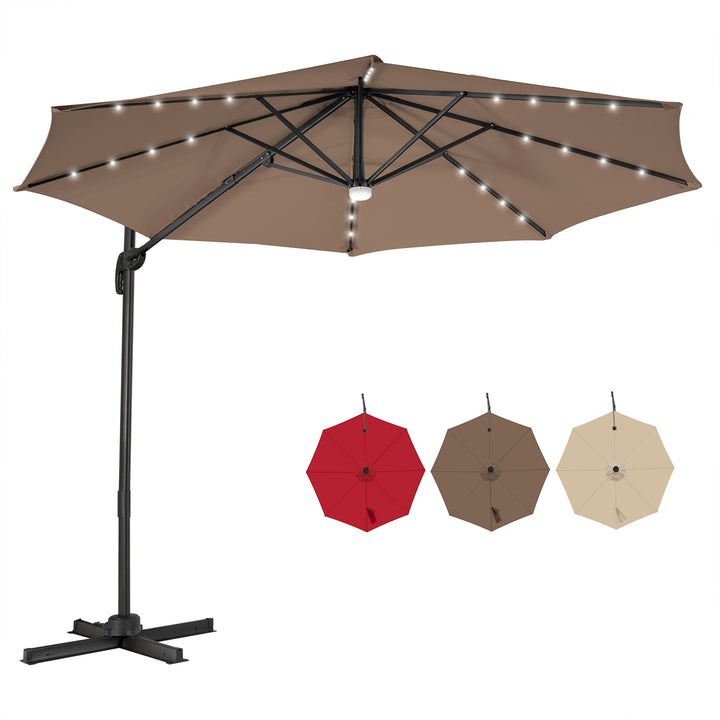 10 Feet Cantilever Solar Umbrella 28LED Lighted Patio Offset Tilt 360° for Outdoor Brown - TidySpaces