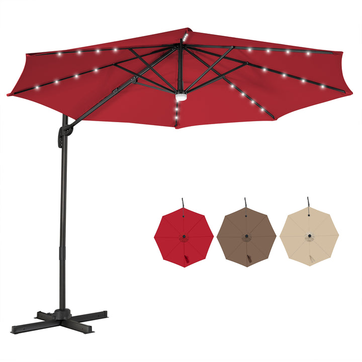 10 Feet Cantilever Solar Umbrella 28LED Lighted Patio Offset Tilt 360° for Outdoor Wine - TidySpaces
