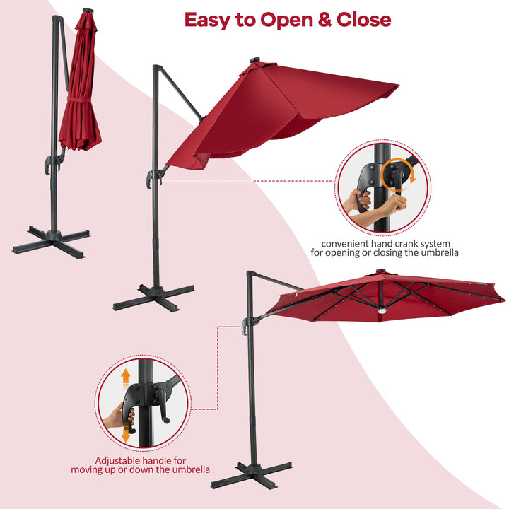 10 Feet Cantilever Solar Umbrella 28LED Lighted Patio Offset Tilt 360° for Outdoor - TidySpaces