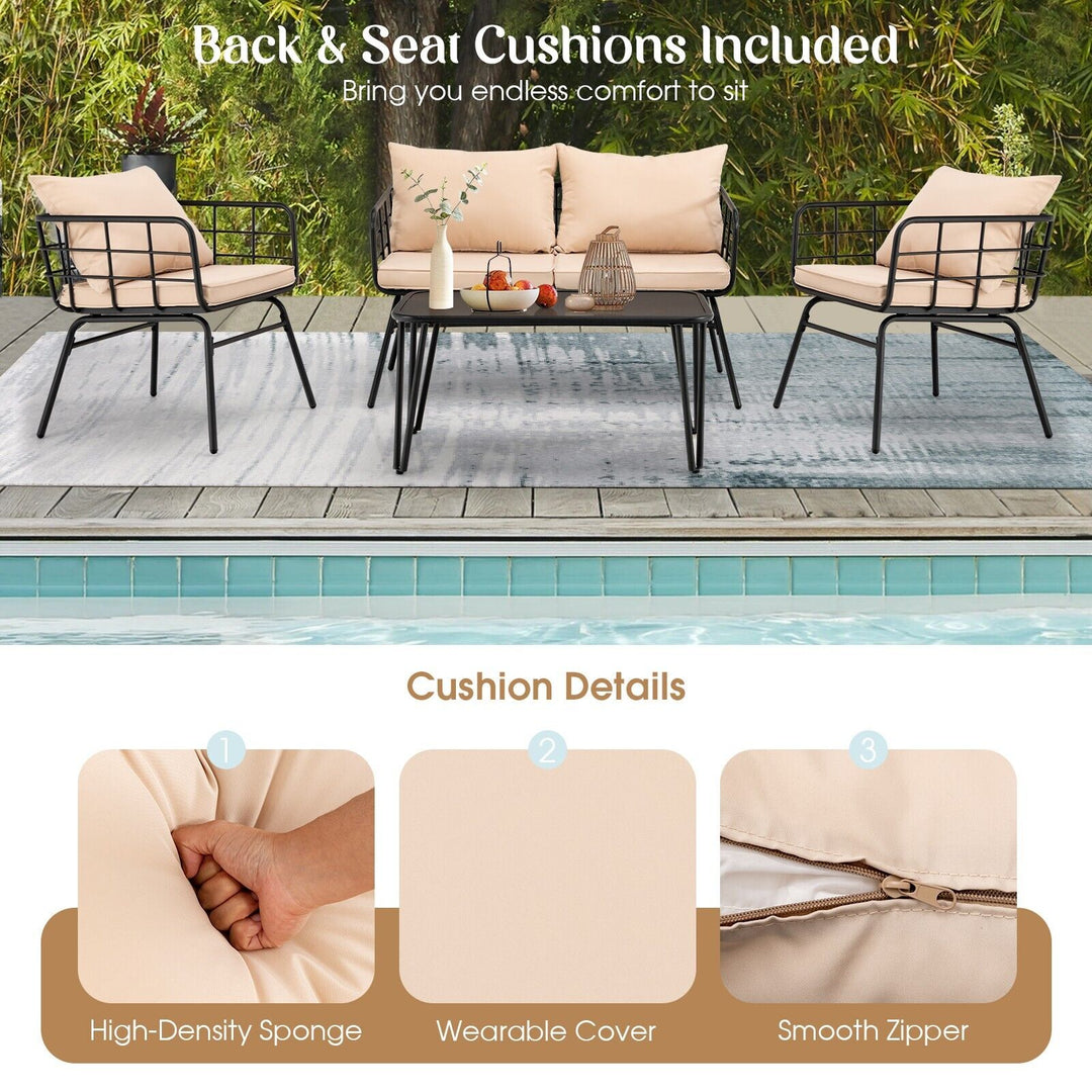 4 Piece Patio Conversation Set with Seat Back Cushions-Beige - TidySpaces