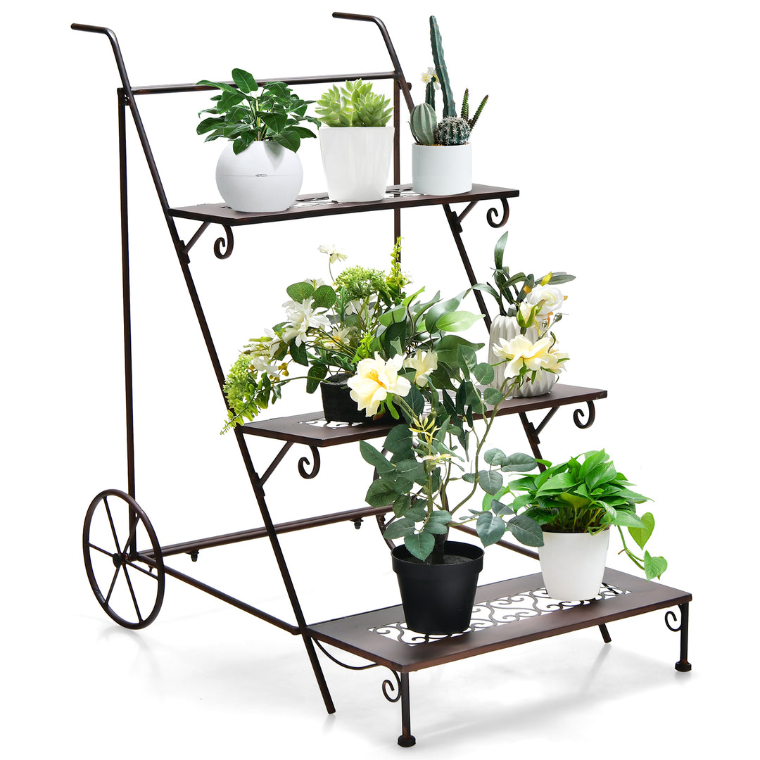 3-Tier Ladder Shaped Metal Plant Stand with Wheels and Handle - TidySpaces