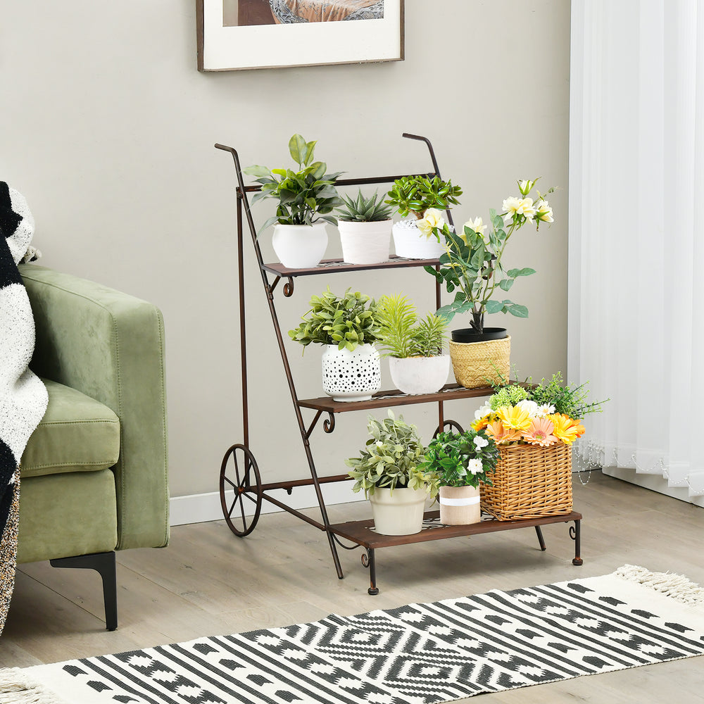 3-Tier Ladder Shaped Metal Plant Stand with Wheels and Handle - TidySpaces