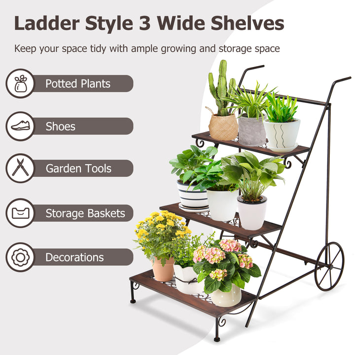 3-Tier Ladder Shaped Metal Plant Stand with Wheels and Handle - TidySpaces