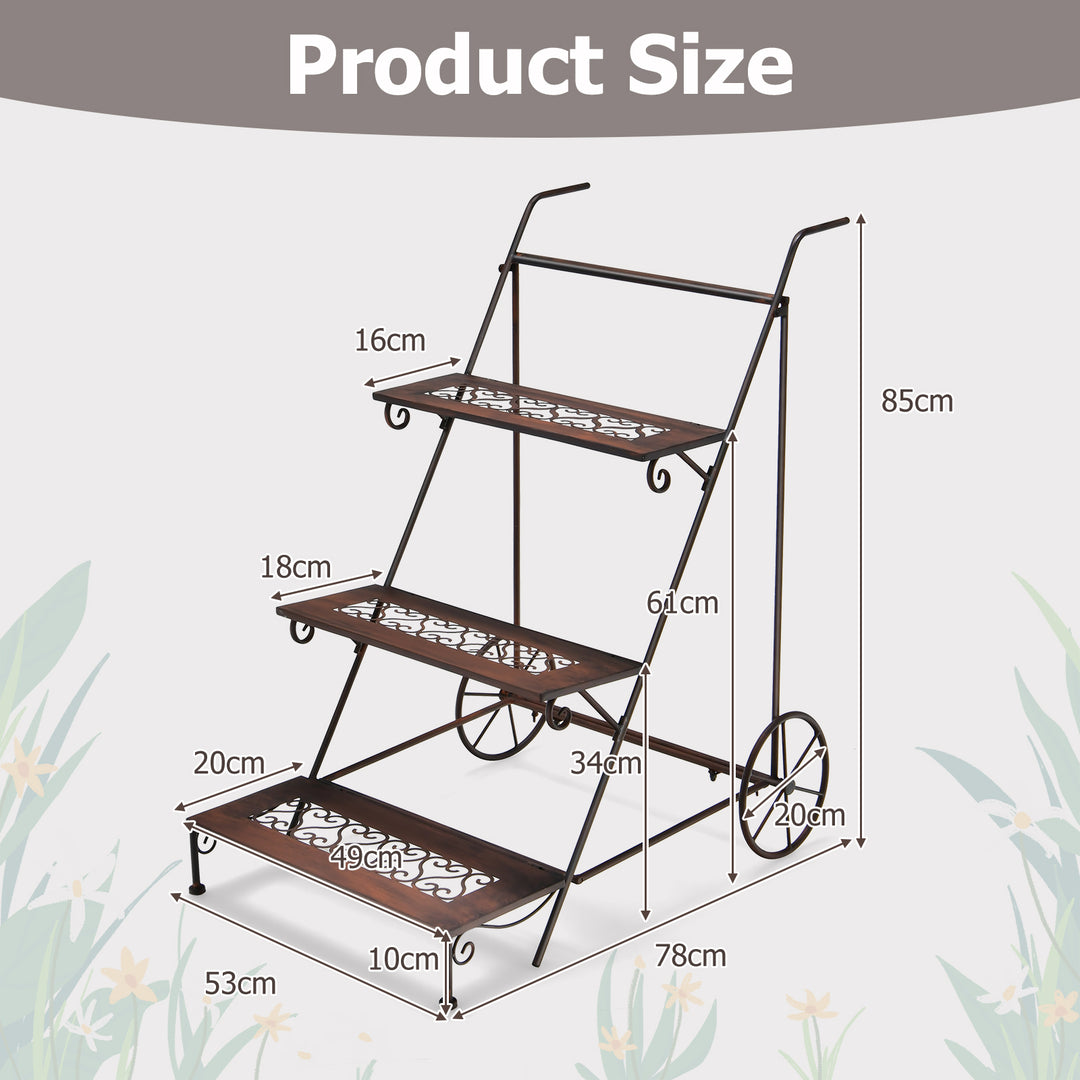 3-Tier Ladder Shaped Metal Plant Stand with Wheels and Handle - TidySpaces