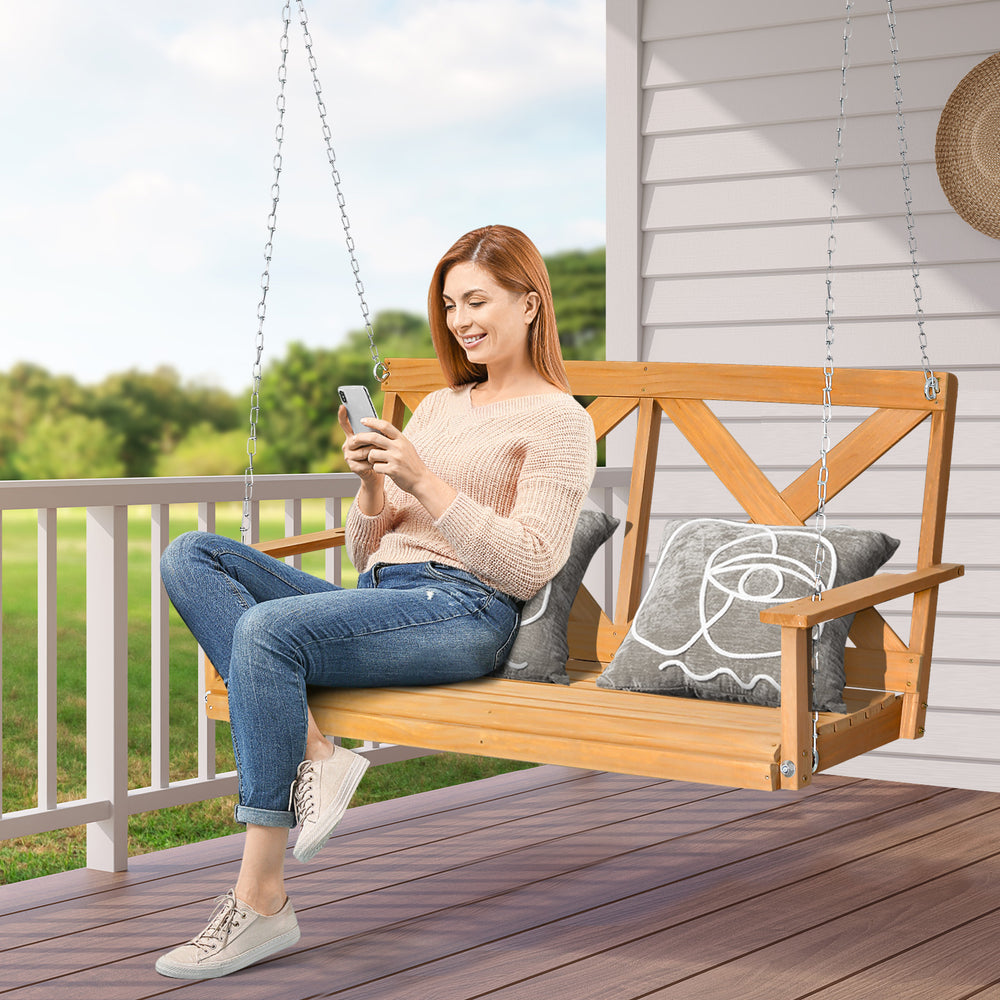 2-Person Porch Swing Chair with Adjustable Chains-Natural - TidySpaces
