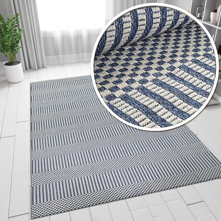 Cotton Rug Navy Blue Grey Braided Striped Blue Grey - TidySpaces
