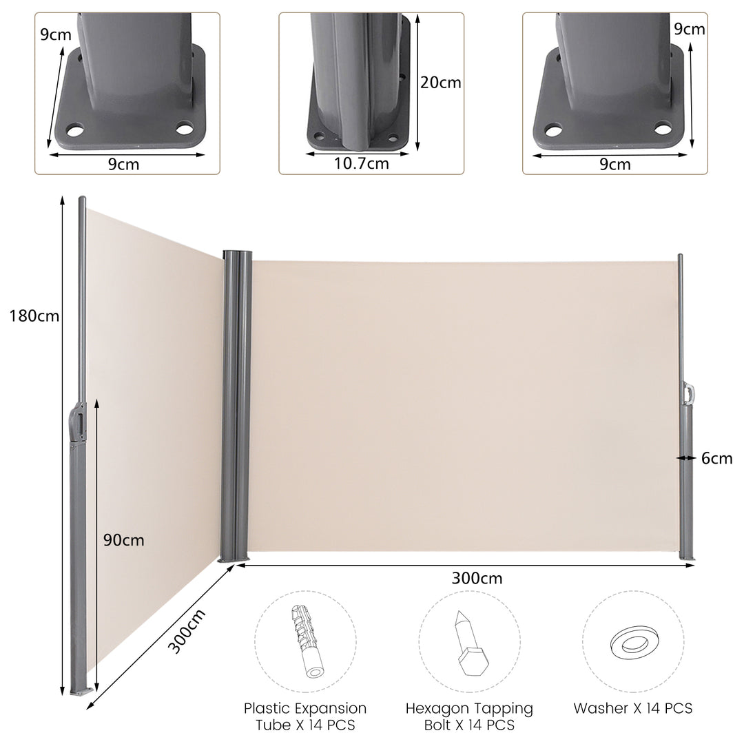 600 x 180 cm Double-Sided Retractable Folding Side Awning with Handle - TidySpaces