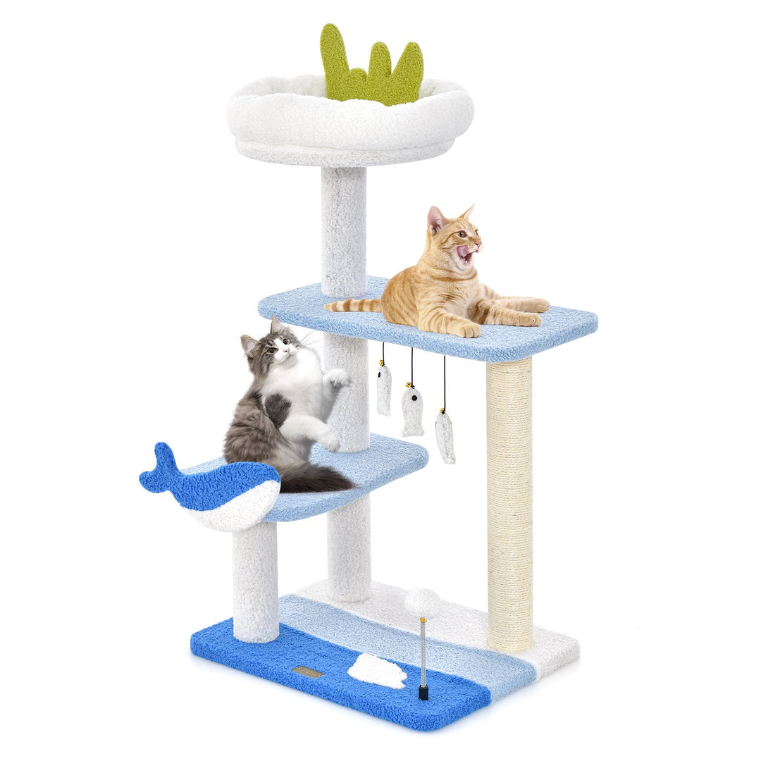 Ocean-themed Cat Tree with Scratching Posts and Hanging Toys-Blue - TidySpaces