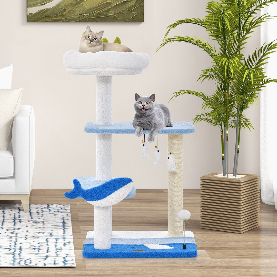 Ocean-themed Cat Tree with Scratching Posts and Hanging Toys-Blue - TidySpaces