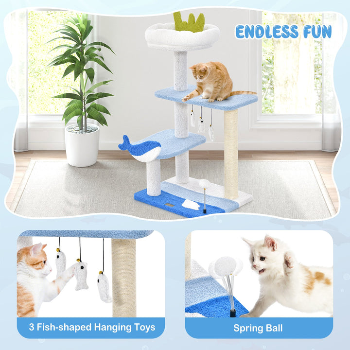 Ocean-themed Cat Tree with Scratching Posts and Hanging Toys-Blue - TidySpaces