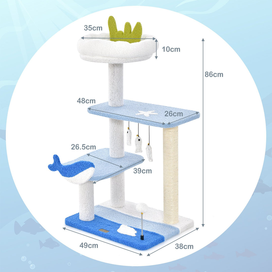 Ocean-themed Cat Tree with Scratching Posts and Hanging Toys-Blue - TidySpaces