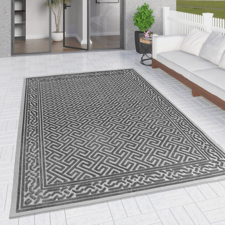 Outdoor Rug Grey Greek Key Border - TidySpaces