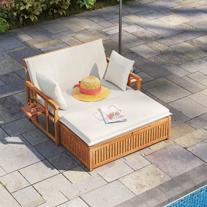 Outdoor Daybed Acacia Wood Loveseat with Storage Ottoman and Cushions White