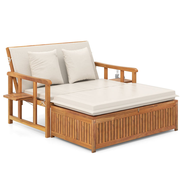 Outdoor Daybed Acacia Wood Loveseat with Storage Ottoman and Cushions White