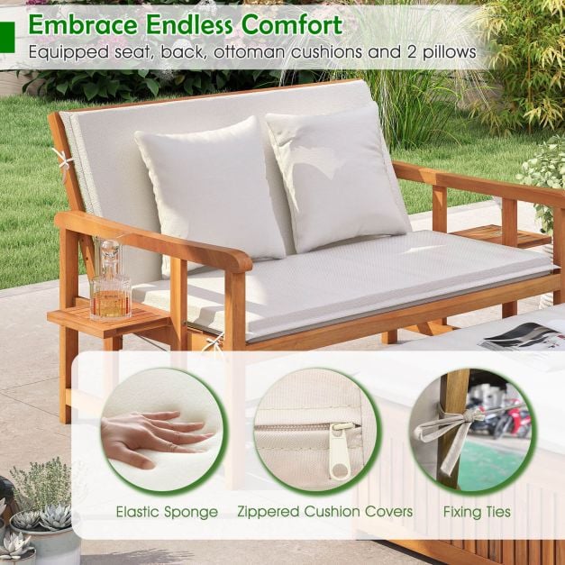 Outdoor Daybed Acacia Wood Loveseat with Storage Ottoman and Cushions White