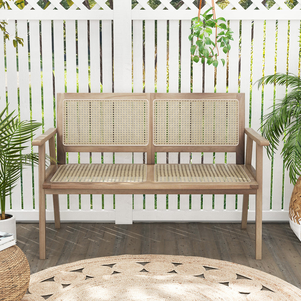 Outdoor Teak Wood Garden Bench with Armrests Rattan Backrest and Seat - TidySpaces