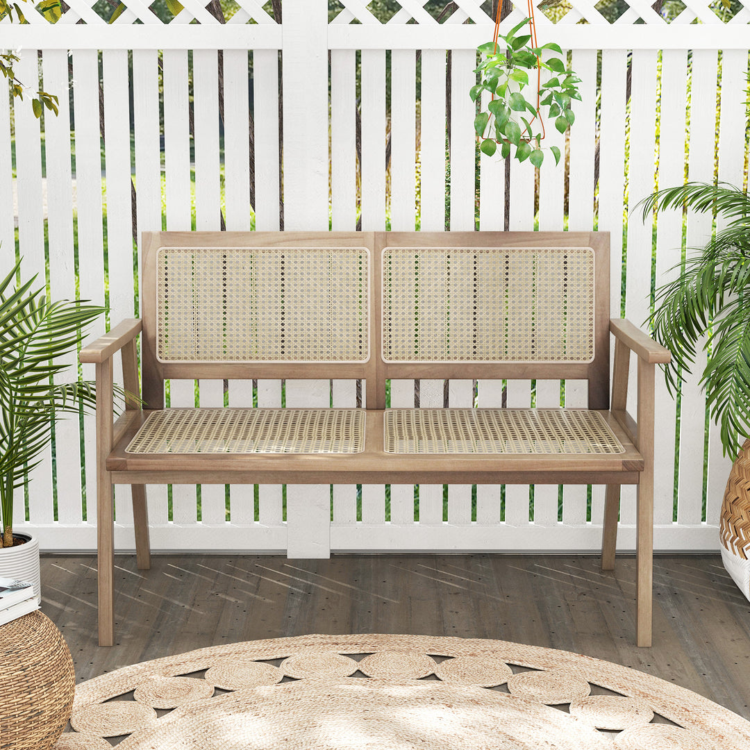 Outdoor Teak Wood Garden Bench with Armrests Rattan Backrest and Seat - TidySpaces