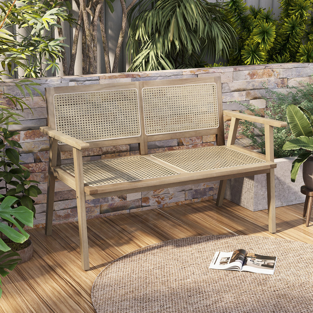 Outdoor Teak Wood Garden Bench with Armrests Rattan Backrest and Seat - TidySpaces