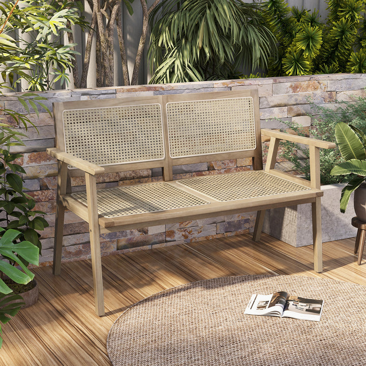 Outdoor Teak Wood Garden Bench with Armrests Rattan Backrest and Seat - TidySpaces