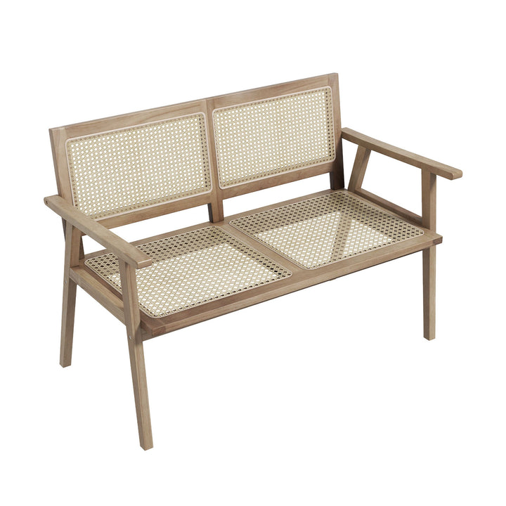 Outdoor Teak Wood Garden Bench with Armrests Rattan Backrest and Seat - TidySpaces