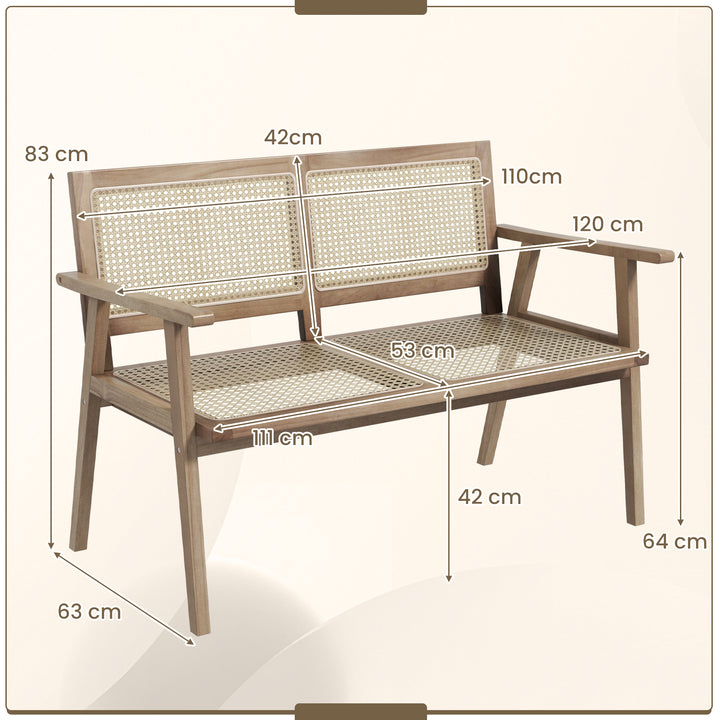 Outdoor Teak Wood Garden Bench with Armrests Rattan Backrest and Seat - TidySpaces