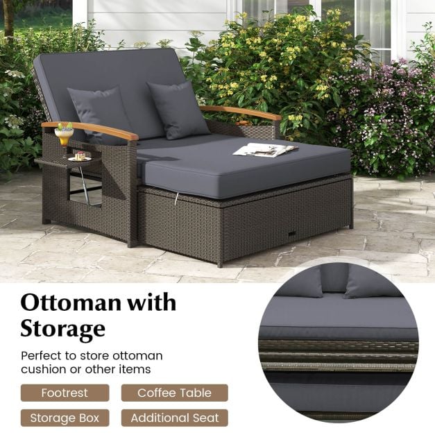 Outdoor Wicker Daybed Rattan Woven Loveseat with Storage Ottoman - TidySpaces