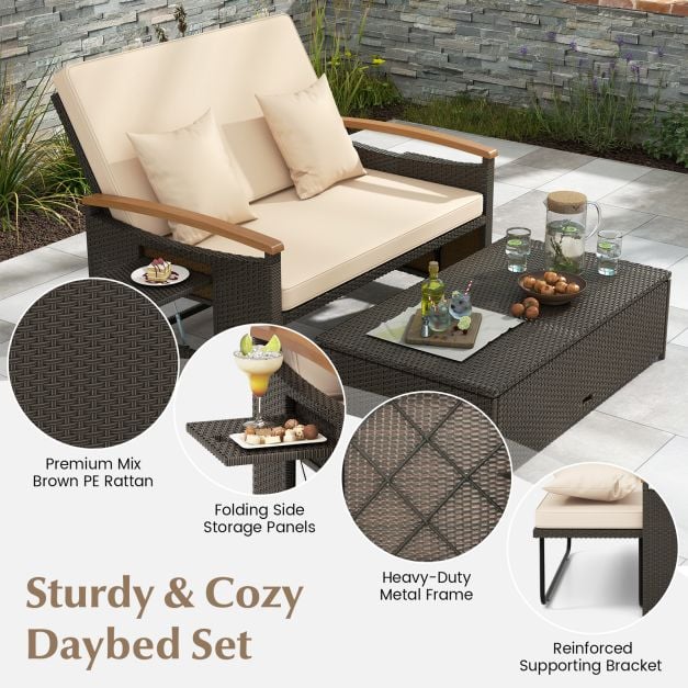 Outdoor Wicker Daybed Rattan Woven Loveseat with Storage Ottoman - TidySpaces
